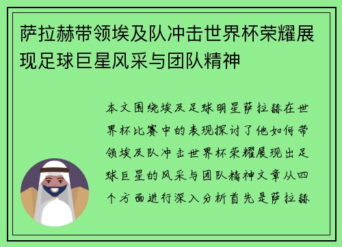 萨拉赫带领埃及队冲击世界杯荣耀展现足球巨星风采与团队精神